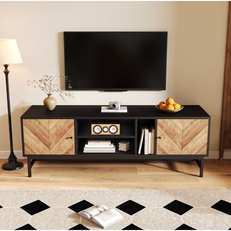 Mobile TV in truciolato e ferro nero/naturale 150x38x55 cm con 2 ante, 3 vani e gambe in metallo (1/5)
