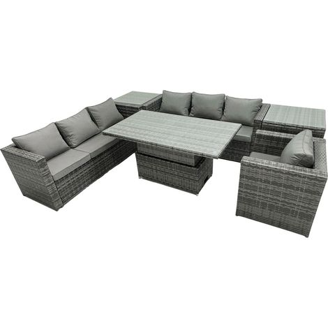 Fimous Rattan Dining Table Sofa Set with 2 Side Table Armchair Outdoor 7 Seat Garden Furniture Set Dark Grey Mixed (1/5)