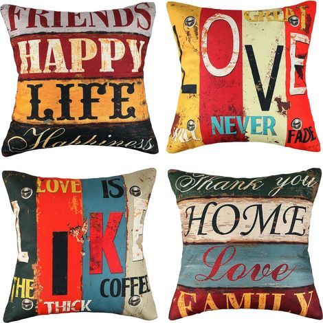 Cushion Cover 45 x 45 cm Linen Retro Pillowcase Love Home Square Striped Cushion Cover Pillowcase for Home Living Room Sofa Bedroom Decoration Set of 4 (1/5)