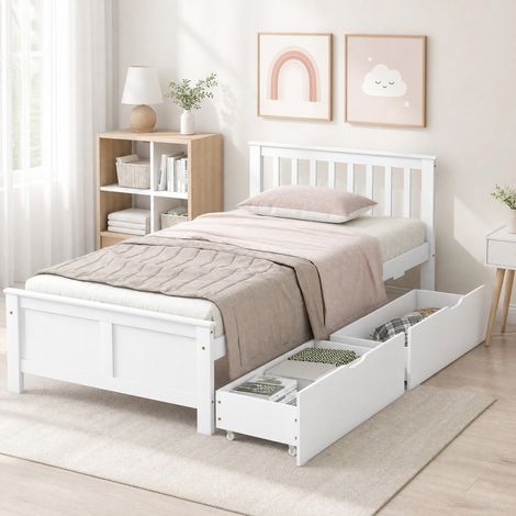Cama individual 90x200 cm de madera blanca con almacenaje, sin colchón FloraGrace (1/5)
