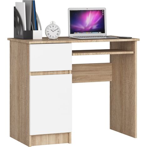 Bureau d'ordinateur AKORD gauche PIKSEL Chêne Sonoma 90 cm 1 porte 1 tiroir façade Blanche 3 étagères 90x50x77 cm (1/4)