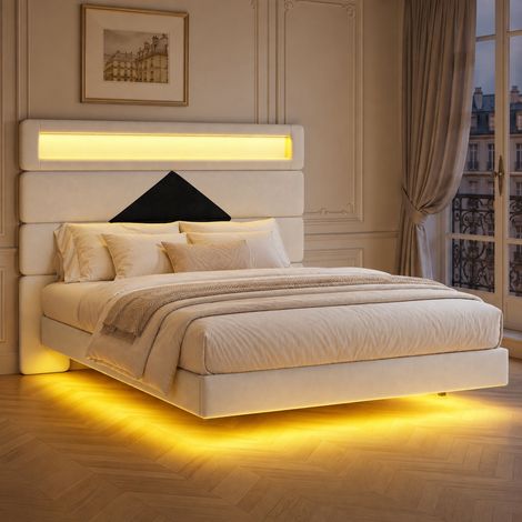 Cama flotante 140x190 cm con LED RGB y estación de carga USB, cabecero acolchado de rombos regulable, estructura de cama doble moderna de terciopelo, Beige (1/5)