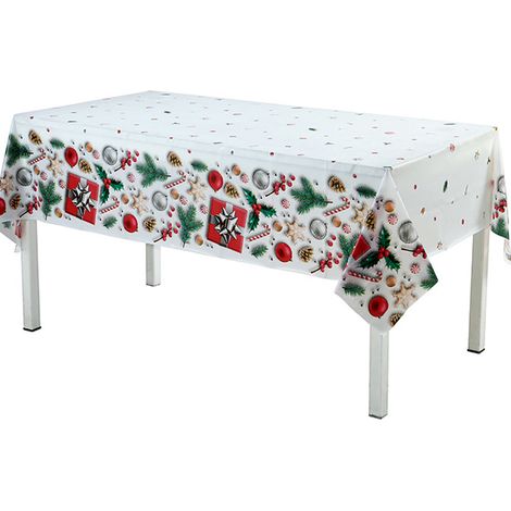 Rechteckige Weihnachtstischdecke (137 x 274 cm), mit Stechpalmen- und Weihnachtsmannmuster, wasserdicht und fleckenabweisend, aus Wachstuch, ideal für Zuhause. (1/5)