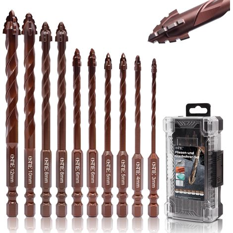 Lot de 10 forets excentriques à dents de scie à quatre tranchants avec cobalt, foret à pierre 3-12 mm, tige hexagonale de 6,3 mm, foret en carbure pour céramique, carrelage, métal, béton, verre marron (1/5)