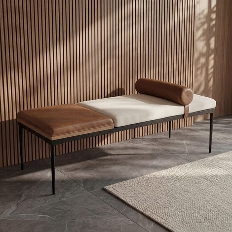 Wahson Sitzbank mit Ablage aus Kunstleder Tagesbett mit Kissen, Schlafzimmerbank mit Metallbeinen Flurbank Polsterbank für Schlafzimmer Wohnzimmer Flur, Weiß (1/5)