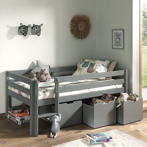 Cama de media altura 90x200 con somier y cajones Vipack Pino Gris (1/4)