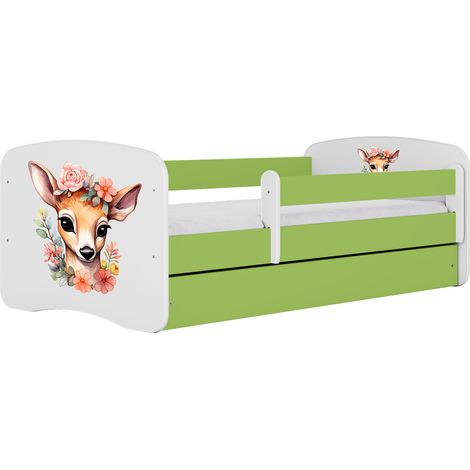 Lit enfant et junior 80 x 180 cm avec tiroir et barrière amovible, motif Petit faon, vert (1/4)
