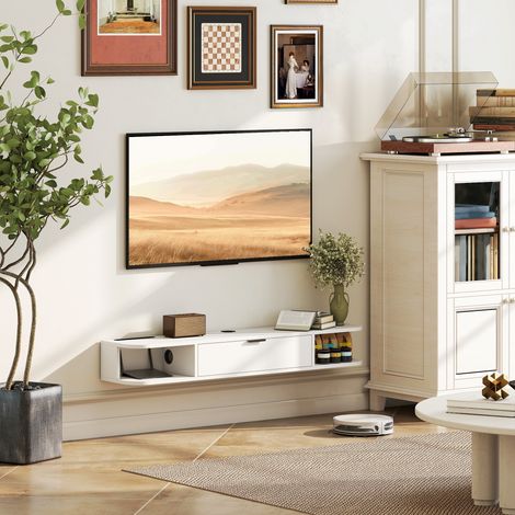 Meuble TV mural 120 cm, support écran plat jusqu'à 50 pouces, 1 tiroir basculant et 2 niches, blanc, dimensions 120x24x16 cm (1/5)