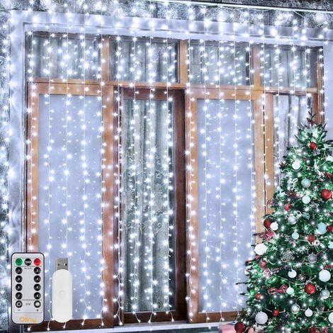 1 rideau lumineux Noël 3 m x 3 m, 300 LED blanc froid, 8 modes + minuterie, étanche IP44, décoration intérieure et extérieure