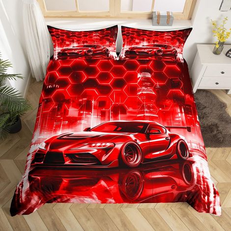 Voiture de Course Rouge Ensemble de literie Enfants Sports extrêmes Housse de Couette 240x260cm pour Garçons Filles, néon Parure de Lit Microfibre légère Douce (1/5)