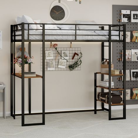 Lit métal avec table et bureau L, rampe et escaliers latéraux modulables, pour enfants et jeunes, cadre stable