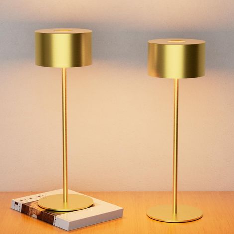 Doré Lampe de Table LED Sans fil Rechargeable Métal IP54, 3 Couleur Lampe de Bureau Chevet Dimmable Contrôle Tactile, pour Patio,Terrasse,Café, Salon,Chambre (1/5)