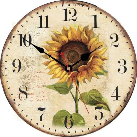 Vintage Floral Style Decorative Wooden Wall Clocks, Round Floral Wall Clock, 14 inch Sunflower (1/4)