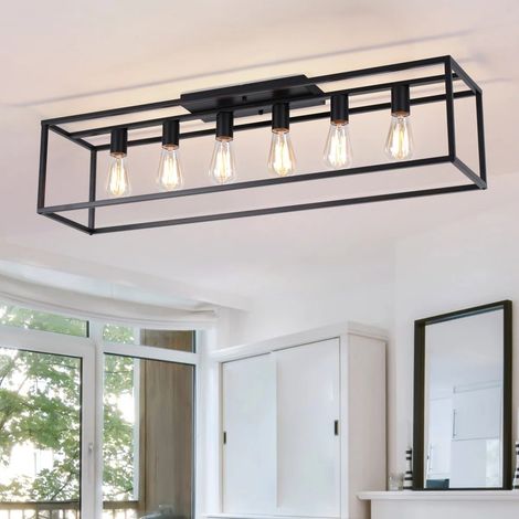 Ganeed Retro Industrial Ceiling Light, 6 Light Iron Cage Flush Mount, Black Chandelier for Farmhouse, Living Room, Bedroom, Kitchen, Vintage Ceiling Light for E27  (No Bulb Included)