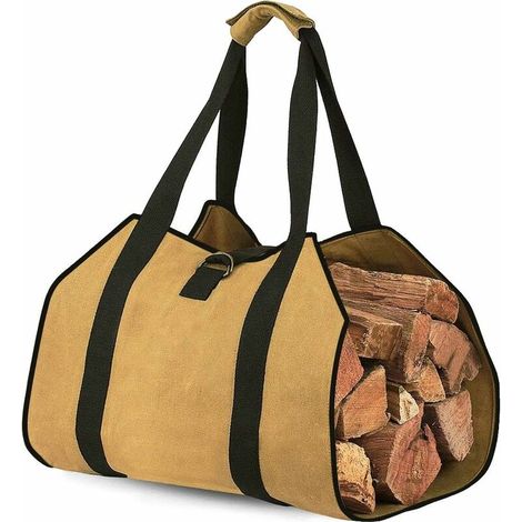 Toile Sac à Bûche Cheminée Sac de Rangement pour le Bois de Chauffage Grande Capacité Porte-bûches De Plein Air Porte-bûches en Bois Ciré avec Poignées Solide Sac de Transport en Bois(98x45CM)