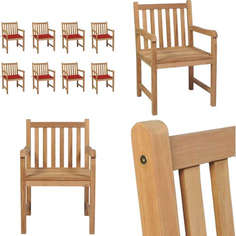 Chaises de jardin lot de 8 avec coussins rouge Bois teck massif - Chaise De Jardin - Mobilier De Jardin - Set De Chaises - Terrasse - Jardin - Home & Living (1/5)