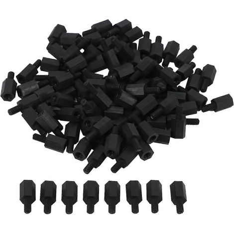 100 entretoises hexagonales en nylon M3, filetage 8 mm + 6 mm, pour fixation sur circuit imprimé. (1/5)
