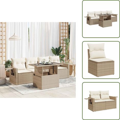 5-tlg. Garten-Sofagarnitur mit Kissen Beige Poly Rattan - Gartensofa Set - Garten Sofa Set - Outdoor Sofa Set - Garten Sofagarnitur (1/5)