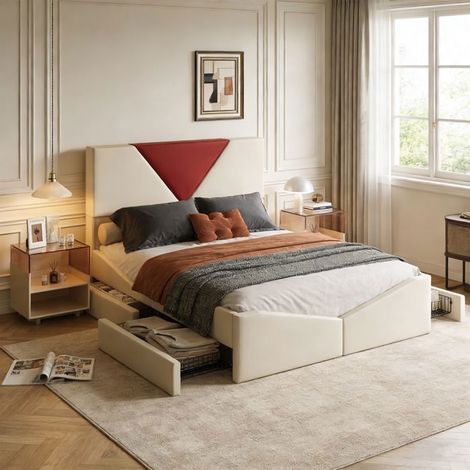 Letto 140x190 cm - POCKETPOP - Velluto bianco sporco - 4 Cassetti - Testata - Rete a doghe