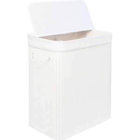Cesto para ropa sucia Relaxdays con tapa, bambú, 100 L, 2 compartimentos, 63x52x32 cm, cesto de baño ideal, blanco