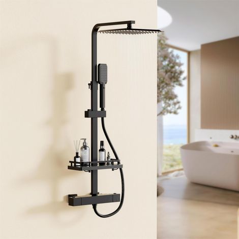 Colonne de Douche Thermostatique, Colonne de Douche Mural avec Étagère, Salle de Bain Colonne de Douche, Thermostat avec Mitigeur Réglable en Hauteur Système de Douche (1/5)