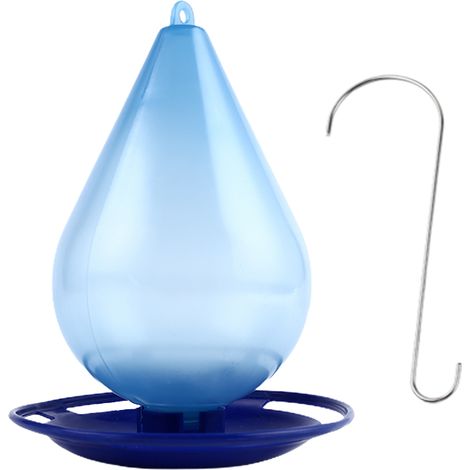 Comedero para pájaros de jardín con depósito de agua transparente y a prueba de fugas (capacidad de 120 g), con forma de lágrima, fabricado en plástico azul, 16 x 22 cm, incluye 1 comedero colgante pa (1/5)