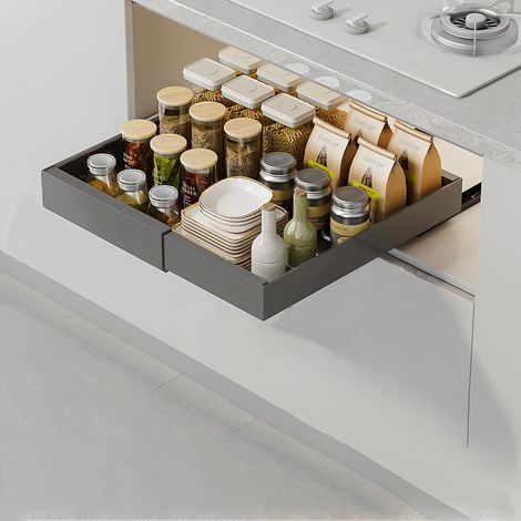 Rangement Placard Cuisine Tiroir Coulissant Organisateurs Extensible Tiroir Coulissant Cuisine Adhesif Organisateurs Tiroir de Bain,Armoire (Gris) (1/5)