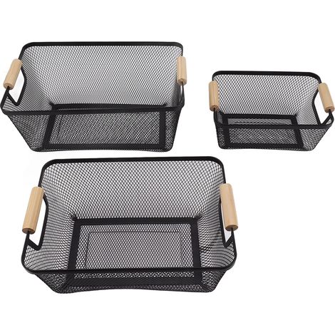 Lot de 3 paniers de rangement en fil métallique, grande capacité, décoratifs et robustes, en fer forgé noir, pour livres, en-cas et maquillage. (1/5)
