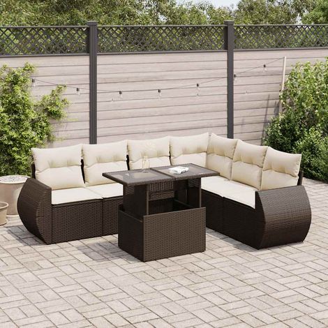 [Salon de Jardin en Résine Tressée] 6 Pièces avec Table, Coussins et Rangement  Marron  Modulaire (1/5)