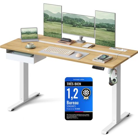 Bureau Électrique Réglable en Hauteur, Bureau Assis-debout, Multiprise, Tiroir, 60 x 140 cm, Réglable en Continu, Fonction Mémoire de 4 Hauteurs, Couleur Chêne Naturel et Blanc Nuage (1/5)