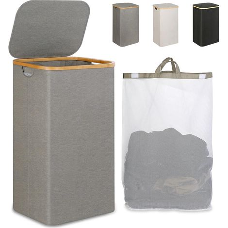 Panier à linge pliable 97L avec couvercle fermeture pratique sac intérieur amovible bambou tissu respirant et imperméable pour salle de bain gris (1/5)