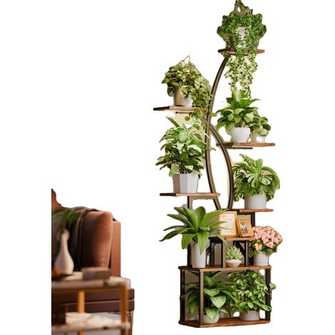 Soporte para plantas, equipado con luces de cultivo, expositor multifuncional, negro y marrón. (1/5)