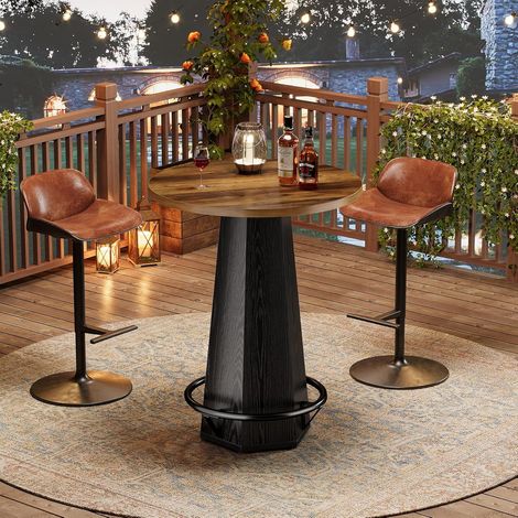 Tribesigns Runder Bartisch 80 cm, Hoher Tisch 100 cm mit Metall-Fußraste, Bistrot-Tisch im Industriedesign für Küche, Wohnzimmer oder Bar, platzsparend, Braun-Schwarz