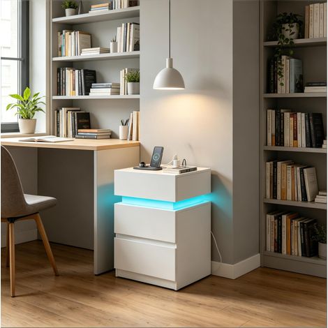 Table de chevet moderne blanche en bois avec 2 tiroirs, abattant, LED réglable et prise USB, 40 x 35 x 55 cm, lot de 2