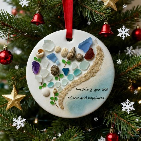 Ornement Céramique Rond - Thème Océan - Coquillages Verre De Mer Sable - Pour Arbre De Noël Décoration Intérieure - 1 Pièce (1/5)