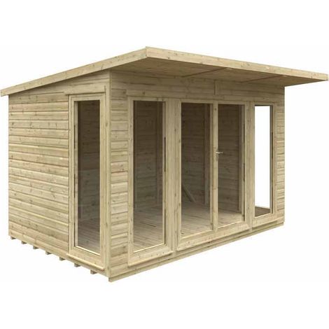 12 x 8 Feet Tanalised Garden Studio 16mm Shed - Solid Wood/Softwood/Pine - L355 x W235 x H242.2 cm - Green