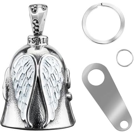Guardian Bell Bell Sonnette de moto porte-bonheur en alliage de zinc - Cloche de protection ange avec porte-clés et anneau - Accessoire de moto pour vélo électrique - VTT rétro (1/5)