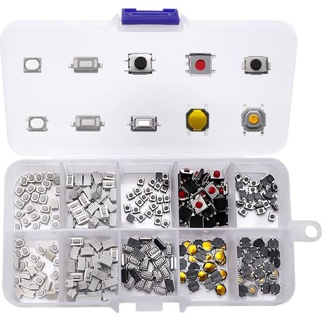 250 Pièces 10Value Boutons poussoirs tactiles Micro Momentary Tact Assortiment Kit, d'assortiment de Bouton Tactile, pour Clé de Télécommande de Voiture, avec Boîte en Plastique (1/5)