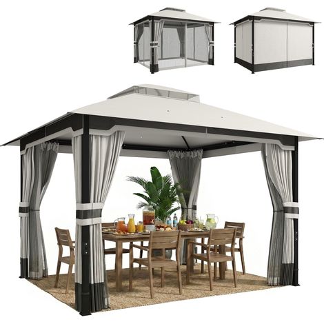 Outsunny cenador para jardín 3x3,6 m, con doble techo, 4 paredes y mosquitera, estructura metálica, drenaje, carpa para exterior, terraza, gris claro
