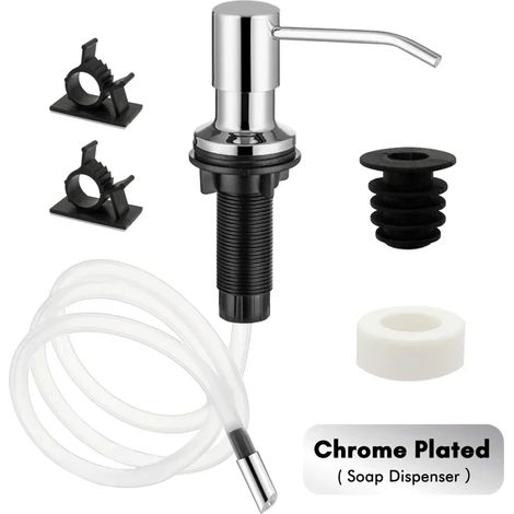 Distributeur de savon liquide pour évier de cuisine (chromé) avec tube d'extension et pompe en acier inoxydable. Accessoires de salle de bain. Distributeur noir, savon doré. (1/5)