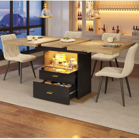 Table à manger extensible 110/140x80x75 cm bois et noir en MDF et métal avec LED et 2 tiroirs (1/5)