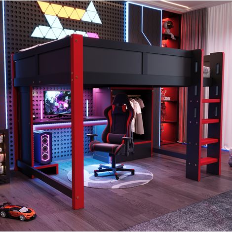Letto a soppalco 140x200 cm in pino nero e rosso con scrivania gaming, senza materasso – MEUBLIV (1/5)