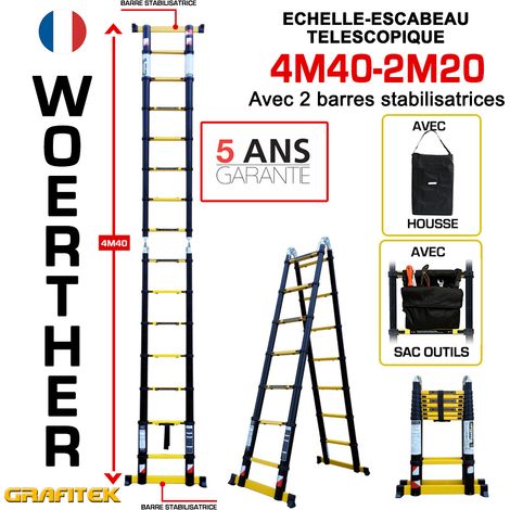 Echelle-escbeau télescopique 4m40/2m20 Woerther avec barre stabilisatrice - Avec housse et sac porte outils - Charge maximal 150Kg - Garantie 5 ans