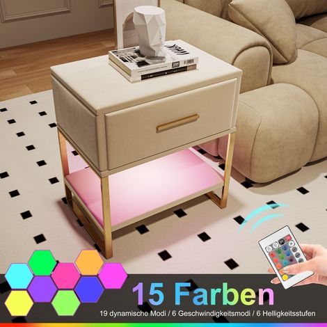 JOOKGBD- 2er Set Nachttische aus Velours 40x31x50 cm, mit mehrfarbiger LED-Beleuchtung, Schublade und offenem Fach, goldene Metallfüße, für Schlafzimmer Wohnzimmer, Velours, Beige