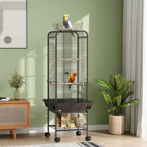 Cage Perroquets Roulettes Perchoirs Étagère Plateau Amovible Foncé Animaux Compagnie Gris 62,5x62,5x146cm