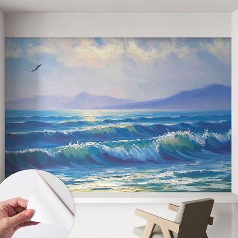 Papier peint adhésif décoratif pour salon chambre et cuisine Facile à poser avec colle Vagues marines 152x104 cm (1/5)
