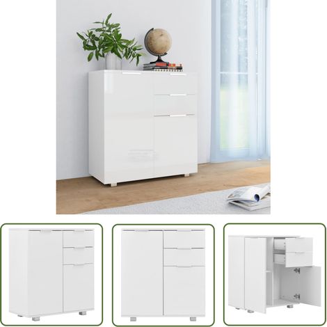 The Living Store Buffet Blanc brillant 71 x 35 x 80 cm Bois d'ingénierie - Buffet Blanc - Buffet Design - Armoire Rangement - Meuble Tv - Meuble Chambre (1/5)