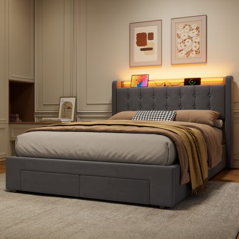 Cama tapizada 140x200 cm con LED, puertos USB, canapé abatible hidráulico y 2 cajones, terciopelo DESVIAE (1/5)