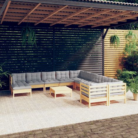 12-tlg. Garten-Lounge-Set mit Grauen Kissen Kiefernholz (1/5)