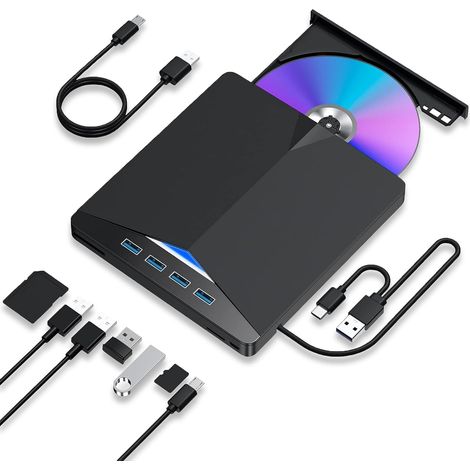Lecteur CD/DVD externe 7 en 1 USB 3.0 & Type-C, graveur +/-RW portable pour ordinateur portable et PC (1/2)